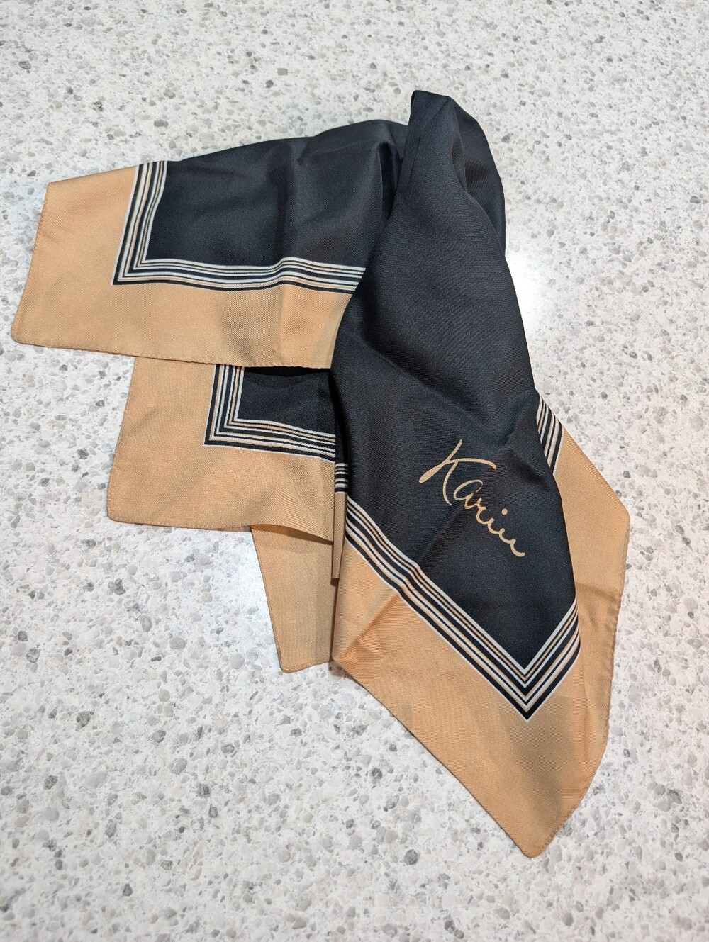 Vintage Karin Square Scarf 70s Mid Century Prep Minimalist Polyester Black Tan